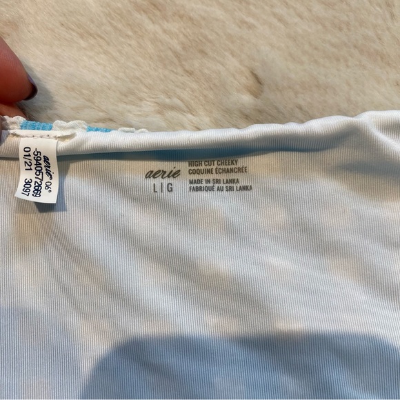 (L) aerie High Cut Cheeky Bikini Bottoms Large Blue White Gingham Tie Waist - Picture 7 of 9